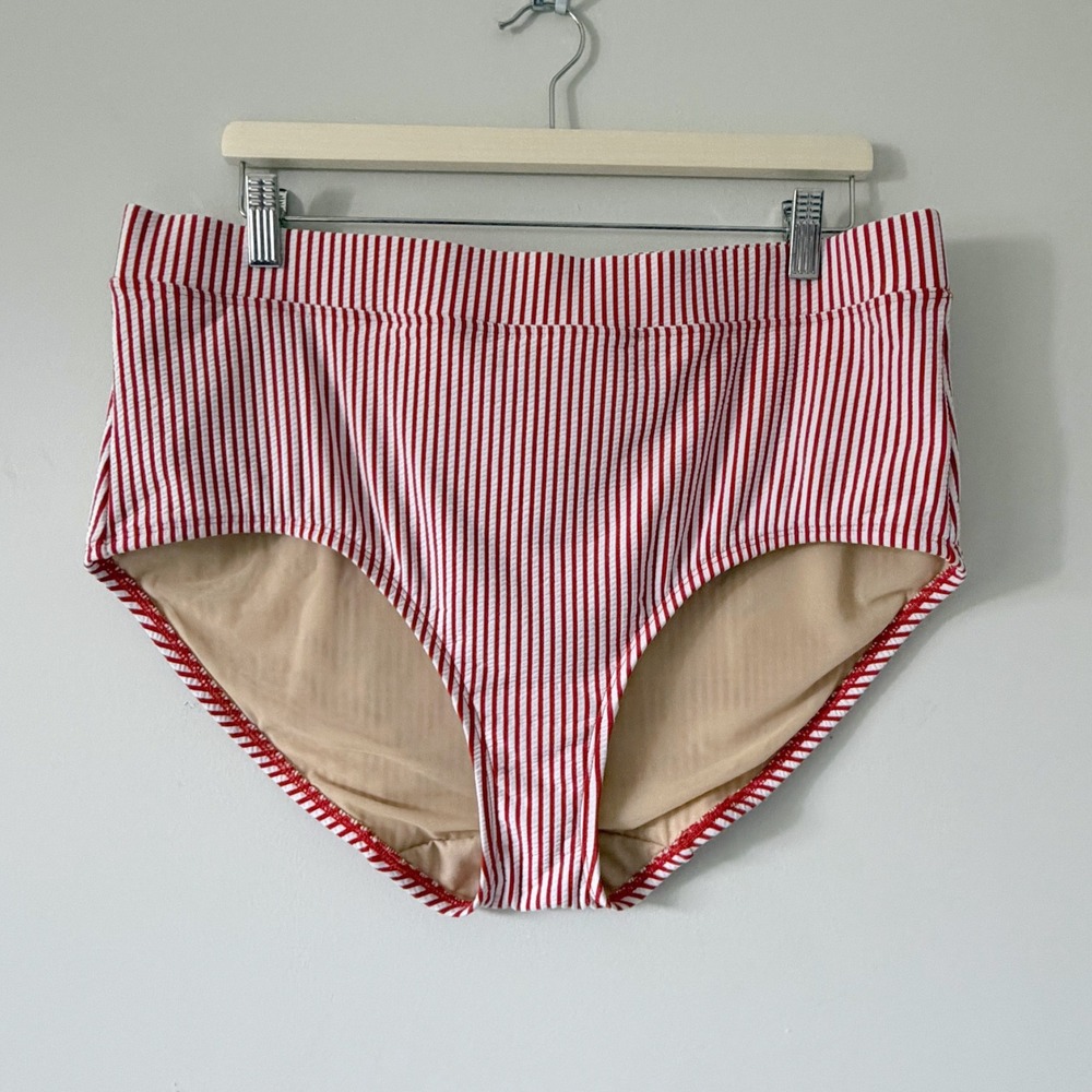 Cacique Swim Red‎ White Striped Bikini Bottom Seersucker 18 Nautical Americana